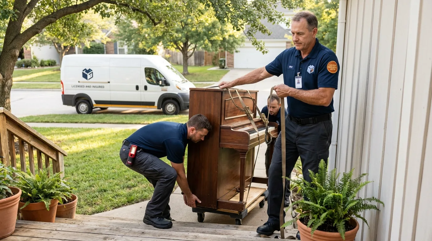 Licensed piano movers securing grand piano in Colona, IL