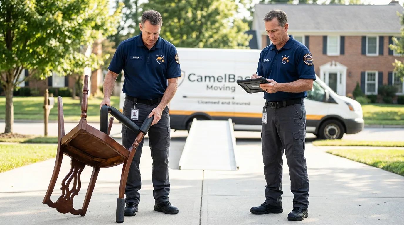Movers inspecting furniture for damage prevention before loading in Colona, IL